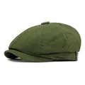 Retro dark green newsboy cap for men in cotton twill canvas with metal button details - M (56-58cm) / Green
