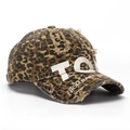 Close-up of leopard print baseball cap with 3D embroidery and vintage distressed details - Brown Black Leopard (Style E)