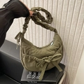 Olive green pleated nylon crescent shoulder bag with scrunchie strap and bow details - Army Green