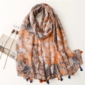 Lightweight cotton-linen blend scarf with orange marble print and tassel fringe shawl - Orange Blue Abstract Print (SL2112-015)