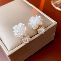 Elegant asymmetrical pearl flower earrings with white petals and gold-plated hanging crystal - White Flower Dangle Gem (28#)