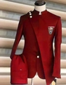 Men's plus size slim fit suit in deep red featuring stand collar and metal brooch decoration - XXS / Dark Red