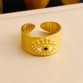 Adjustable golden evil eye ring featuring white enamel and a textured tree bark finish - Bark Texture Evil Eye Style (R517) / Adjustable Open