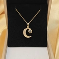 Golden moon pendant necklace with double heart layers and black projection stone - Moon Projection Stone Style (C076 Gold 100 Languages of Love)