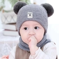 Grey baby knitted winter hat and scarf set with cute pom poms for newborns - One Size / Moonlight Style / Gray