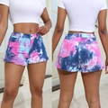 Blue pink and purple tie-dye denim shorts with frayed hems and ripped detailing - 0XL / Blue
