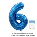 Large 40-inch blue number 6 foil balloon with retail card packaging and straw - Number 6 / 40 Inch / Blue