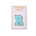 Detail of blue chenille letter R patch with gold sequins and adhesive backing - Light Blue Letter R