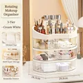 Rotating 3-tier makeup organizer in cream white with clear drawers and compartments - Extra Thick Triple Layer Rotating Style / Cream White