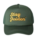 Dark green trucker hat with Stay Golden gold embroidery and mesh back panel - One Size / Dark Green