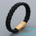 Men's black braided leather bracelet with a brushed gold magnetic metal clasp - Gold Buckle Black Leather