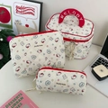 Three-piece quilted makeup bag set with cute cat prints and red trim accents - Bear Cat