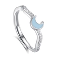 S925 sterling silver open ring featuring a luminous light blue moon and zircon inlay - Adjustable Open / Female Style