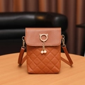 Brown quilted PU leather shoulder bag with gold cat buckle and pearl charms - Tan