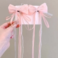 Detail of handmade pink and white ribbon bow hair clips with long streamers for girls - One Pair / Pink