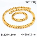 Ensemble chaîne cubaine dorée en acier inoxydable avec collier et bracelet à fermoir - Ensemble Couleur Or 12mm (KS141835-Z)