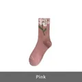 Calze rosa in cotone con motivi floreali 3D bianchi e stile vintage giapponese - Taglia unica / Rosa