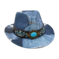 Kids vintage denim patchwork cowboy hat featuring turquoise floral band and blue denim fabric - Kids Size / Light Blue