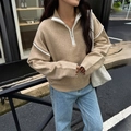 Jersey de punto camel para mujer con media cremallera y ribete blanco elegante - S / Caqui