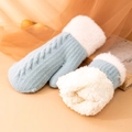 Moufles en tricot bleu clair pour femmes avec revers en peluche et doublure polaire - Bleu