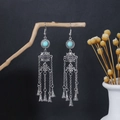 Boucles d'oreilles bohèmes vintage en argent avec perles turquoise et glands - Bleu