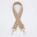 Detail of vintage wide woven purse strap with colorful geometric embroidery and gold hardware - V-22 Brown Matcha Green Dots