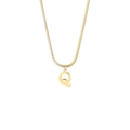 Detailed view of the 18K gold letter Q pendant on a sleek flat snake chain necklace - Style Q