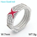 Silver stainless steel ring with 7mm width featuring a red enamel star pattern - US 6 / Steel Red