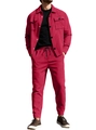 Men's casual suede two-piece jacket and jogger set in a rich raspberry red finish - S / Red