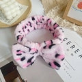 Pink leopard print plush headband with large bow for face washing and makeup - Pink Leopard