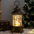Farol de Navidad vintage de bronce con muñeco de nieve y zorro en una bola de nieve - Linterna Jacquard - Muñeco de nieve con escoba