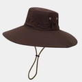 Detail of wide brim fishing hat in dark coffee fabric with vent holes and chin strap - One Size / Coffee
