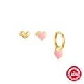 S925 sterling silver heart earring set featuring gold plating and pink enamel details - 3Pcs Set-Gold Pink Heart