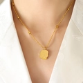 18K gold plated bead chain necklace featuring a square pendant with Good Luck engraving - Gold Necklace (40+5cm)