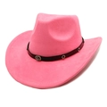 Rosa Cowboyhut aus Wildleder mit schwarzem Band, großem Edelstein und Glitzersteinen im Detail - M (56-58cm) / Fluoreszierendes Rosa