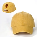 Casquette de baseball en coton délavé jaune moutarde avec ouverture pour queue de cheval - Réglable / Jaune Lavé
