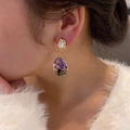 French vintage 18K gold earrings with purple dried flowers in teardrop resin pendant - Purple Tree of Life