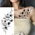 Sketch style flower temporary tattoo sticker with black and white floral design on skin - Pattern BK-007