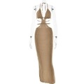 Detail of khaki knit halter neck dress showing backless design and openwork textures - S / Long Style / Khaki