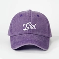Detailed close-up of white Gigi embroidery on a purple washed vintage denim baseball cap - Adjustable / Dark Purple