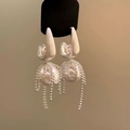Silver bowknot pearl drop earrings with elegant metallic tassels for stylish women - Silver