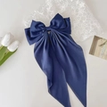 Elegant navy blue satin hair clip with large bow and long ribbons on white background - Long Streamer Spring Clip / Navy Blue