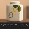 Square ceramic tea canister featuring hand-painted golden osmanthus and moon rabbit motifs - Ash Grey Hand-painted Square Tea Canister
