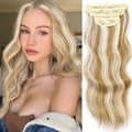 Detail of four-piece clip-in wavy blonde hair extensions with highlights and model showcase - Golden Blonde Highlights (4322-P86-613)