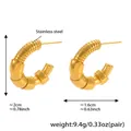 Macro detail of gold plated stainless steel C-shaped earrings with ribbed texture design - Gold Style F492