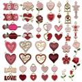 Detail of pink and red enamel heart charms and rose pendants for DIY jewelry making - Mixed 50pcs Enamel Red Pink Valentine Pendants (SN1045)