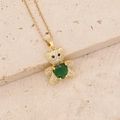 Close-up of golden bear necklace featuring inlaid zircon and a green heart gem - Full Zircon Green Heart Bear (23#)