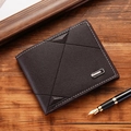 Men's tri-fold wallet in dark coffee leather with geometric stitching and silver nameplate - Dark Coffee