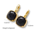 Close-up of 14k gold plated square leverback earrings with black stone 13.5mm size - Black Zirconia