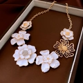 Detail of vintage gold flower necklace with white enamel petals and sparkling rhinestones - 20# Gold Necklace White Five-Flower